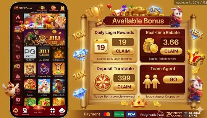 ZK777 Game mobile app interface showing gaming platform dashboard with casino-style games and user-friendly layout.